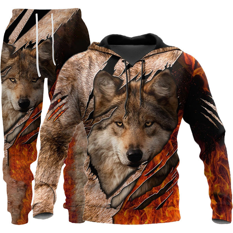 Wolf Print Tracksuit Men Sportswear Hooded Sweatsuit Two Piece