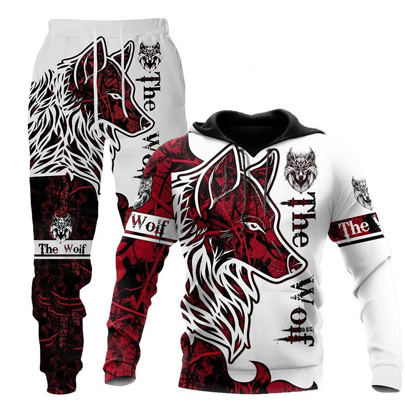 Wolf Print Tracksuit Men Sportswear Hooded Sweatsuit Two Piece