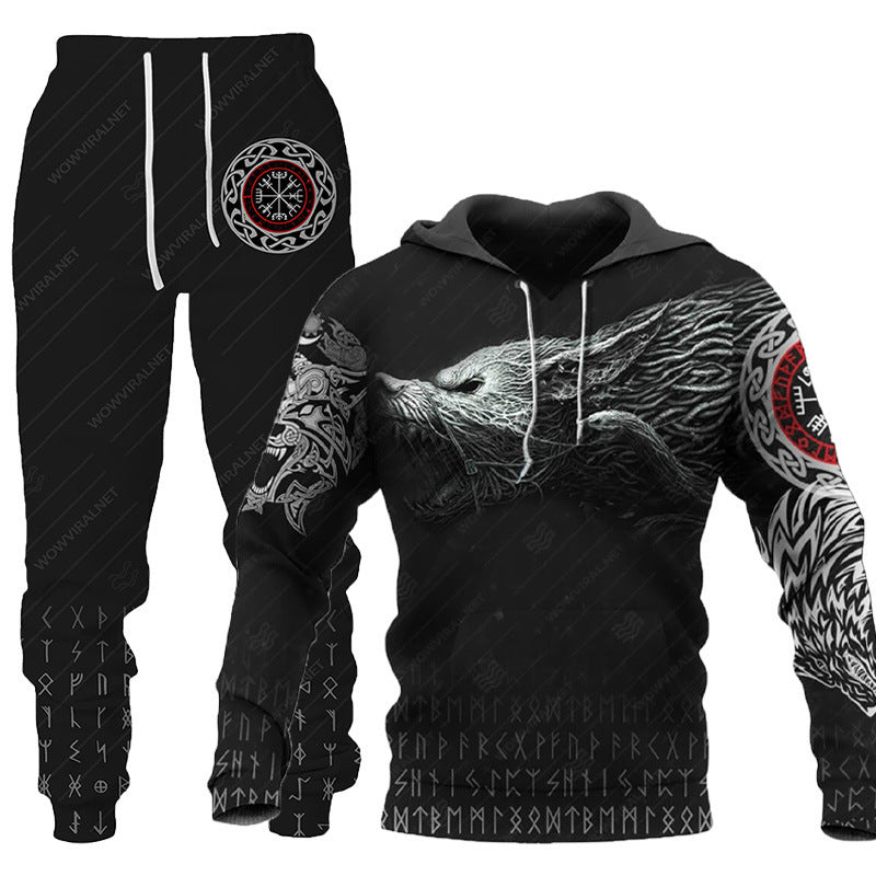 Wolf Print Tracksuit Men Sportswear Hooded Sweatsuit Two Piece