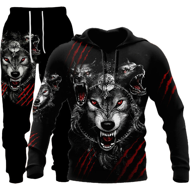 Wolf Print Tracksuit Men Sportswear Hooded Sweatsuit Two Piece