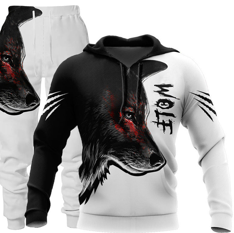 Wolf Print Tracksuit Men Sportswear Hooded Sweatsuit Two Piece