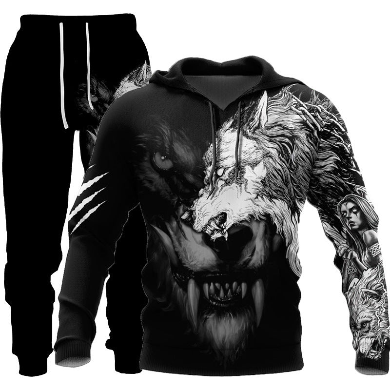 Wolf Print Tracksuit Men Sportswear Hooded Sweatsuit Two Piece