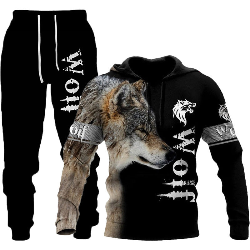 Wolf Print Tracksuit Men Sportswear Hooded Sweatsuit Two Piece