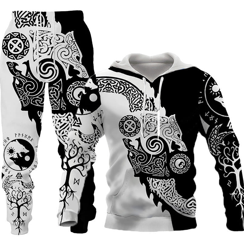 Wolf Print Tracksuit Men Sportswear Hooded Sweatsuit Two Piece