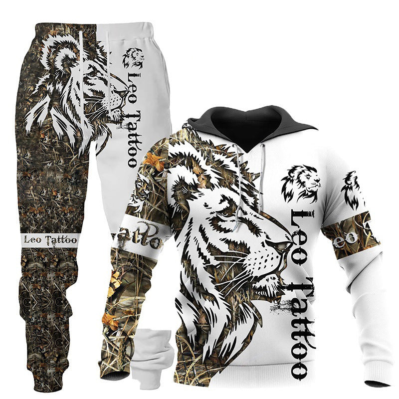 Wolf Print Tracksuit Men Sportswear Hooded Sweatsuit Two Piece