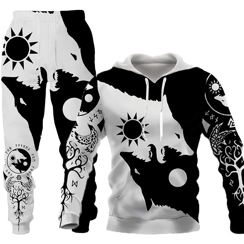Wolf Print Tracksuit Men Sportswear Hooded Sweatsuit Two Piece