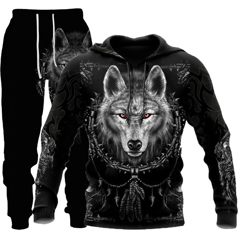 Wolf Print Tracksuit Men Sportswear Hooded Sweatsuit Two Piece