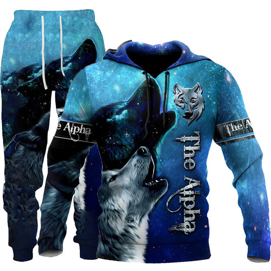 Wolf Print Tracksuit Men Sportswear Hooded Sweatsuit Two Piece